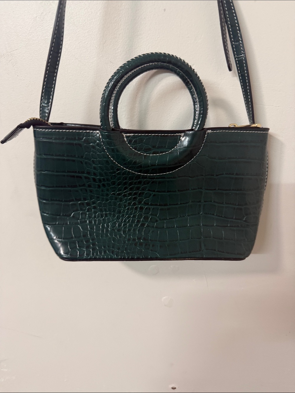 Forever 21 Dark Green Croc-Embossed Shoulder Bag with Round Top Handles - Picture 2 of 3